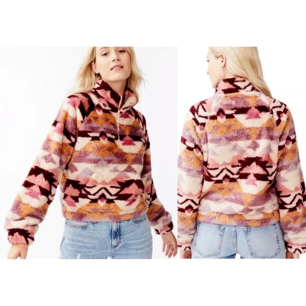 Aeropostale Women's Pink/Multi Aztec Sherpa Fleece Pullover Sweatshirt Medium‎